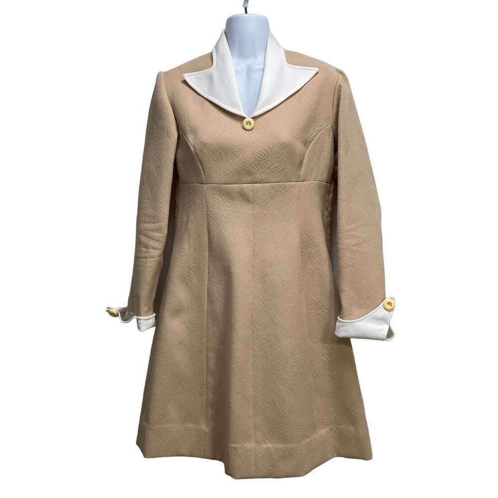 Vintage Handmade Dress Womens Medium Beige white Collar‎ 1970s house dress